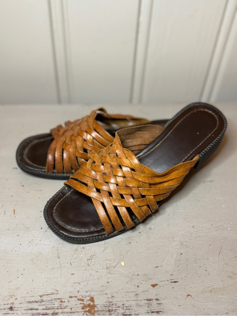 Women’s vintage Basic Editions Woven Leather Slide Sandals Slip On Boho
